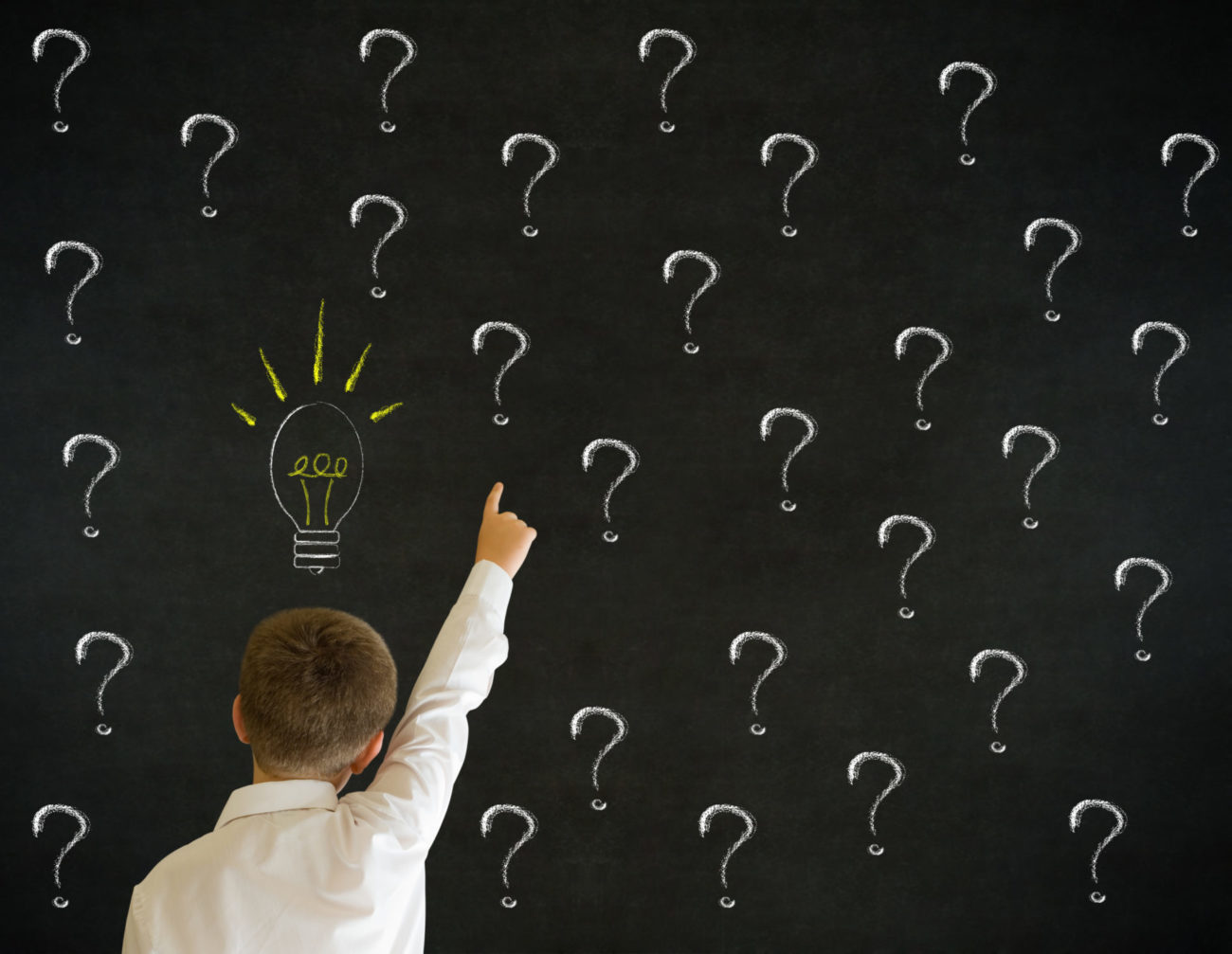 Pointing boy dressed up as business man questioning ideas